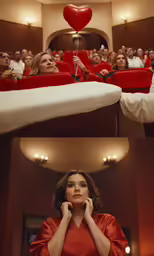 a beautiful woman in red holding a heart balloon over her head