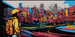 a painting shows a city with people walking in it,a man in yellow jacket with a yellow hat and backpack