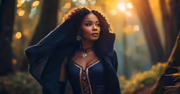 a beautiful african american woman in the woods at sunset