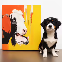 a black and white dog sits next to a colorful cow