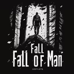 the fall of man poster with a silhouetted man walking through a forest