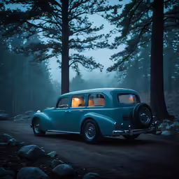 a classic car sits on the dirt road at night