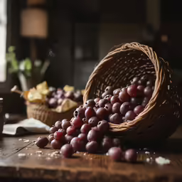 some grapes have been placed in a basket on a wooden table