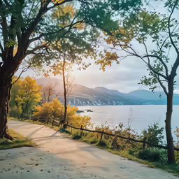 an empty path leading to a beautiful lake