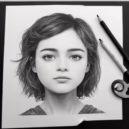 a pencil drawing of a girl in a grey shirt and a paintbrush