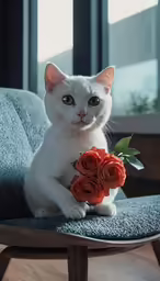 a cat sitting on a chair with a bouquet of roses