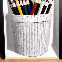 a white basket filled with different types of pens