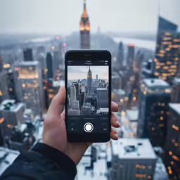 a hand holding an iphone taking pictures of the city