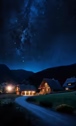 a country road is illuminated by bright lights at night