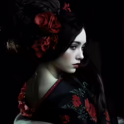 a close up of a person with a flower in their hair