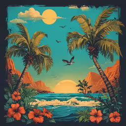 a painting of birds flying over a beach at dusk,two palm trees on the beach under a full moon
