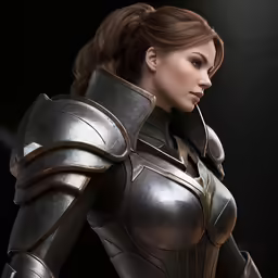 a female in armor and her long hair is posed