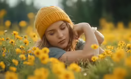 the girl is laying in a field of yellow flowers