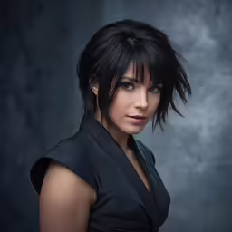 a woman with bangs standing in front of a dark background