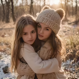 two girls in winter clothes hugging and smiling