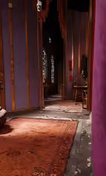 an old building with wooden floors and purple walls