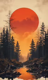 the sun sets over some pine trees near a mountain river