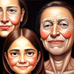 a group of people with face expressions painted on them,a painting of three people with different facial expressions,an image of three different faces in the same manner,some people with fake faces and no makeup,four pictures of the faces of people