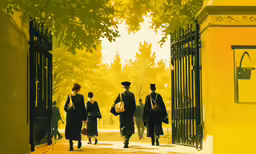 an old fashion photo of three people dressed in colonial dress walking out the gates