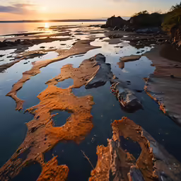 a water way at dusk with sun shining through the clouds