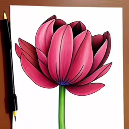 drawing of a pink flower on a paper,a drawing of a pink flower sitting on top of a desk