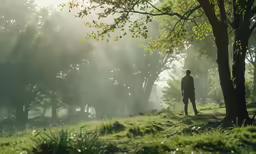 a person standing in a grassy field near trees