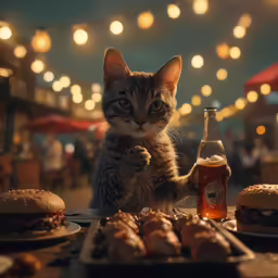 a cat holding a beer bottle and eating food