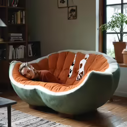 the child in the chair has a cow on it