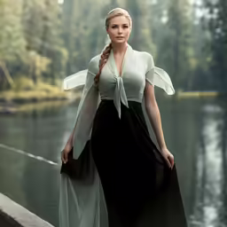 a woman is dressed in a black and white outfit