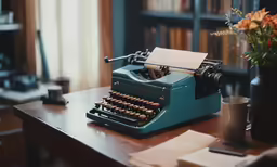 an old - fashioned blue typewriter sitting on a desk in front of books