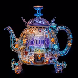 a glass tea pot has a bright light up sign in it