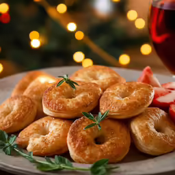 a white plate filled with bagels and a cup of wine