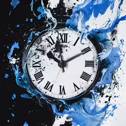 a black and white clock on a splash of paint