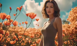 a woman is standing in front of a field of orange flowers