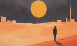 man standing on sand looking at a desert city