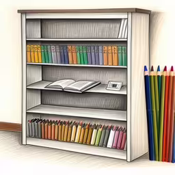 there is a drawing of a bookcase with books, pencils and books on it