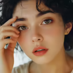 an asian girl with short black hair wearing a cream colored dress looking away