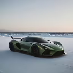 a green sports car in front of a large body of water