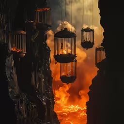 a fire blazing in a dark tunnel with lots of cages hanging from the ceiling