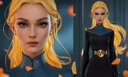 two pictures with a blond haired woman