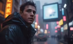 a man standing in the middle of a city street