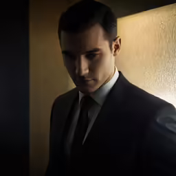 man in a suit is standing by the light