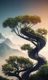 a large spiral tree has long stairs leading to trees