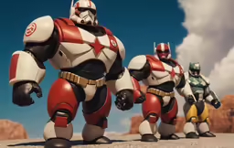 three action figures are posed in the desert