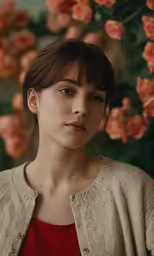 a young woman wearing a cardigan and looking off into the distance