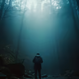 a person wearing backpack standing in the woods in the dark