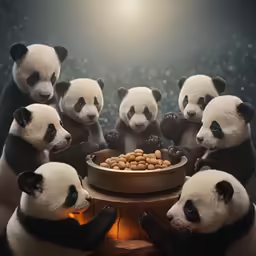 a bunch of pandas are eating food together