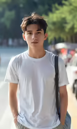 a boy wearing a white shirt stands on the street