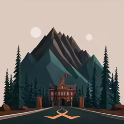 a poster featuring a road leading to a large building in the middle of trees