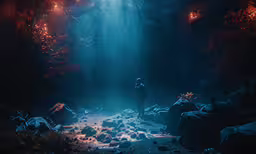 a man standing under a beam of light in the middle of the forest